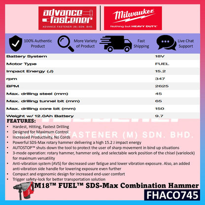 Milwaukee FHACO745-121C FHACO745-0C0 M18 FUEL SDS-Max Combination Hammer with ONE-KEY 15.2J 45MM