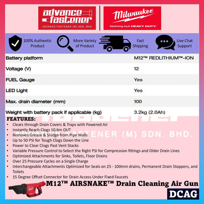Milwaukee DCAG-251C / DCAG-0 M12 AIRSNAKE Drain Cleaning Air Gun