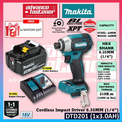 Makita DTD201RTJ / DTD201Z 18V Cordless Impact Driver 6.35 mm (1/4") (Brushless)