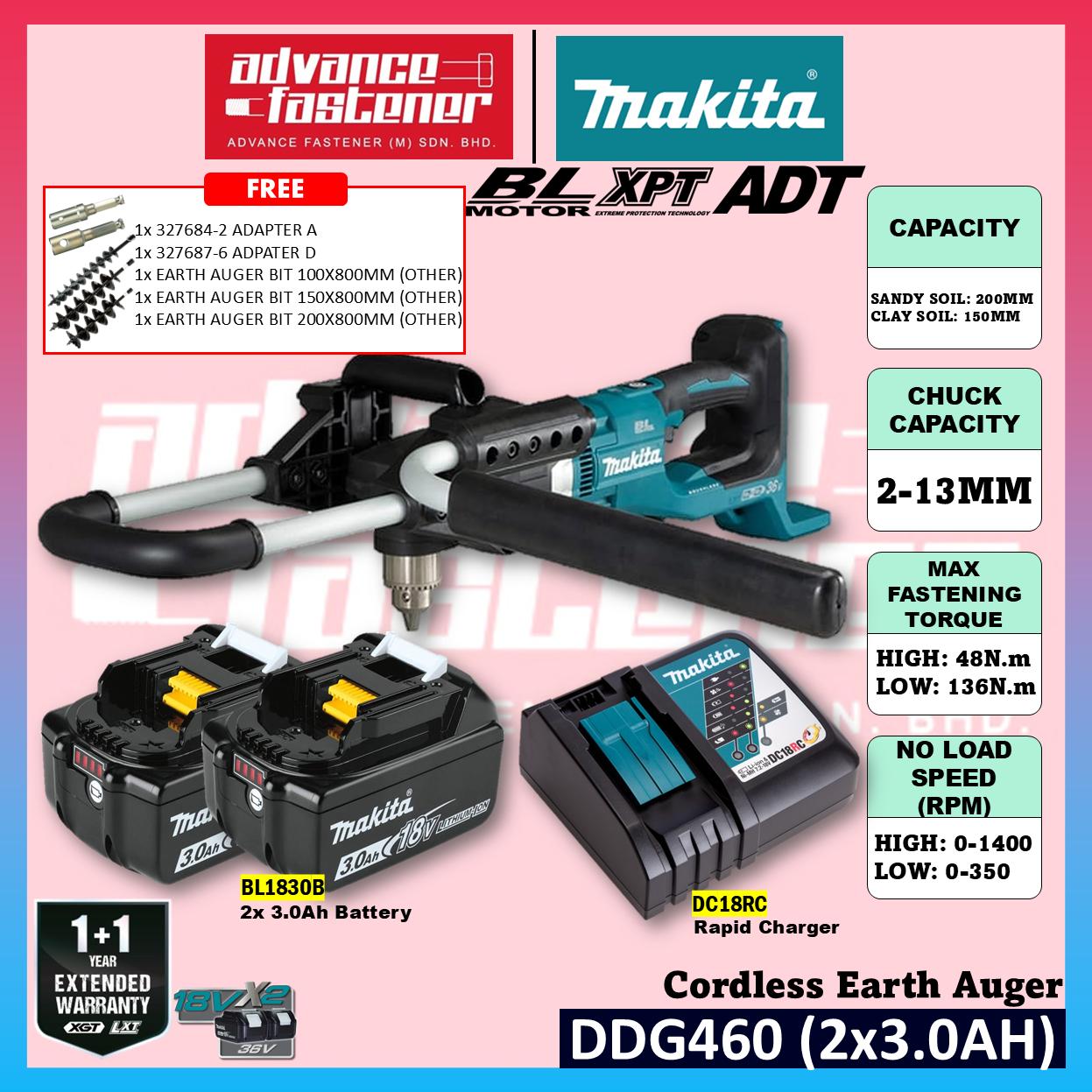 Makita DDG460 / DDG460ZX7 18Vx2 Cordless Earth Auger **FREE THREE size Earth Auger Bit