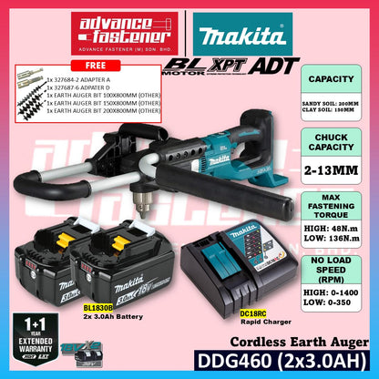 Makita DDG460 / DDG460ZX7 18Vx2 Cordless Earth Auger **FREE THREE size Earth Auger Bit
