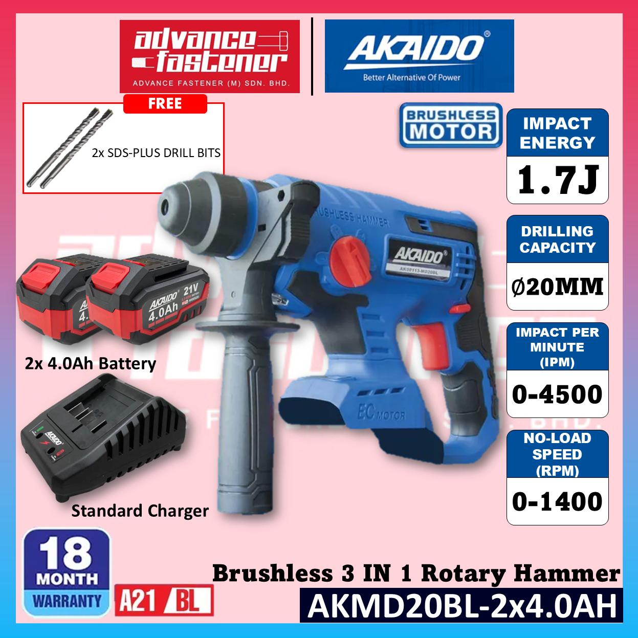 Akaido AKMD20BL 21V Brushless Cordless 3 IN 1 Rotary Hammer 20MM 1.7J