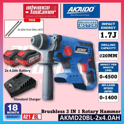 Akaido AKMD20BL 21V Brushless Cordless 3 IN 1 Rotary Hammer 20MM 1.7J