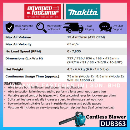 MAKITA DUB363 / DUB363ZV 18Vx2 Cordless Blower