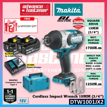 MAKITA DTW1001JX2 / DTW1001JX3 / DTW1001Z 18V Cordless Impact Wrench 19MM (3/4") 1700N.m