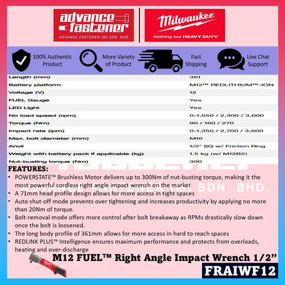 Milwaukee FRAIWF12-301B / FRAIWF12-0 M12 FUEL Right Angle Impact Wrench 1/2”