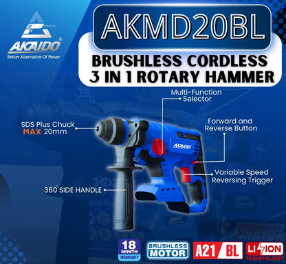 Akaido AKMD20BL 21V Brushless Cordless 3 IN 1 Rotary Hammer 20MM 1.7J