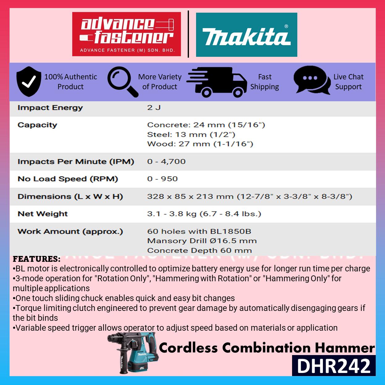 MAKITA 18V Cordless Combo Set ( DHR242 18V Cordless Combination Hammer DHP482 18V Cordless Hammer Driver Drill DGA404 18V Cordless Angle Grinder DTD156 18V Cordless Impact Driver )