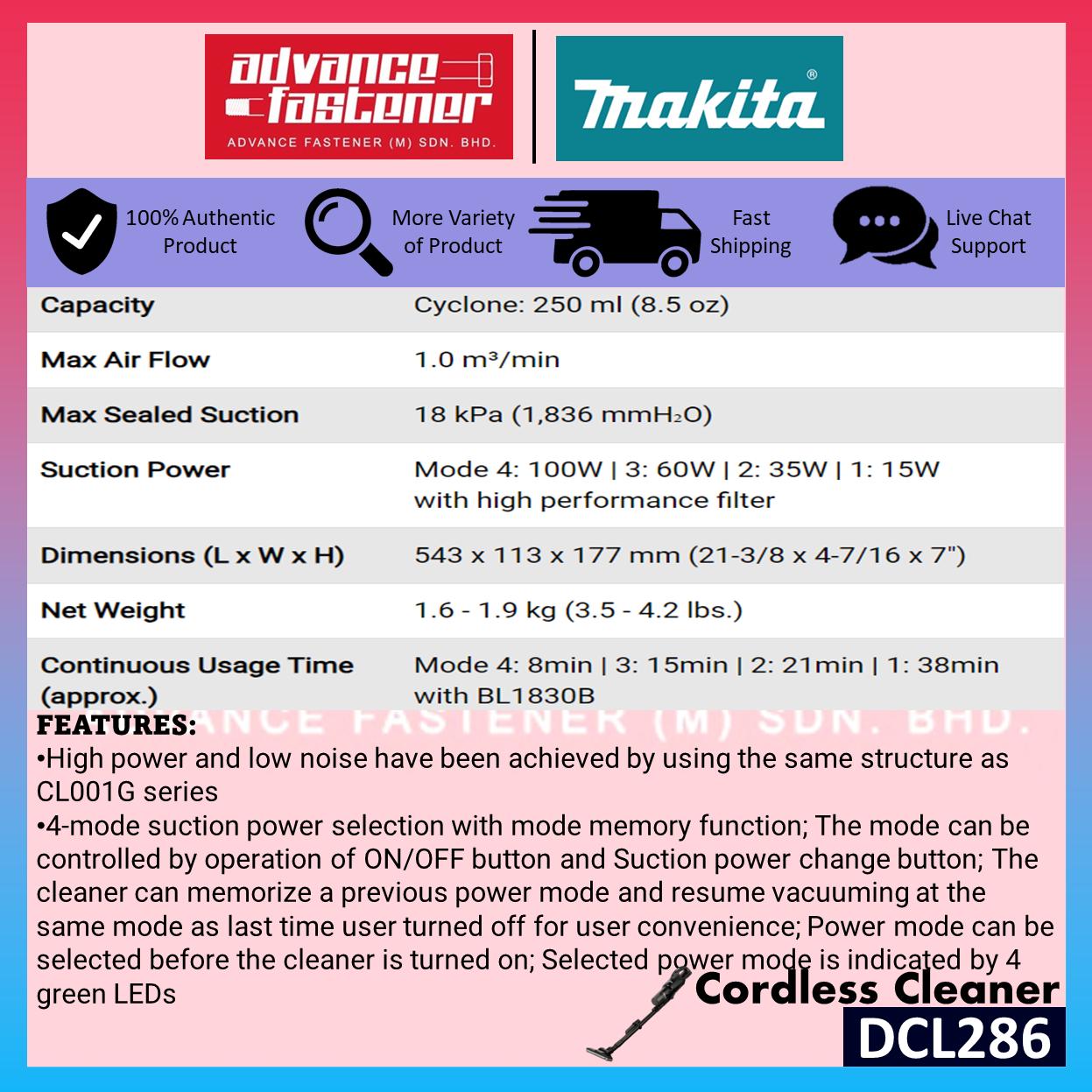 Makita 18V LXT Cordless Combo ( DCL286 18V Brushless Vacuum Cleaner / DCF102 18V Cordless Fan )