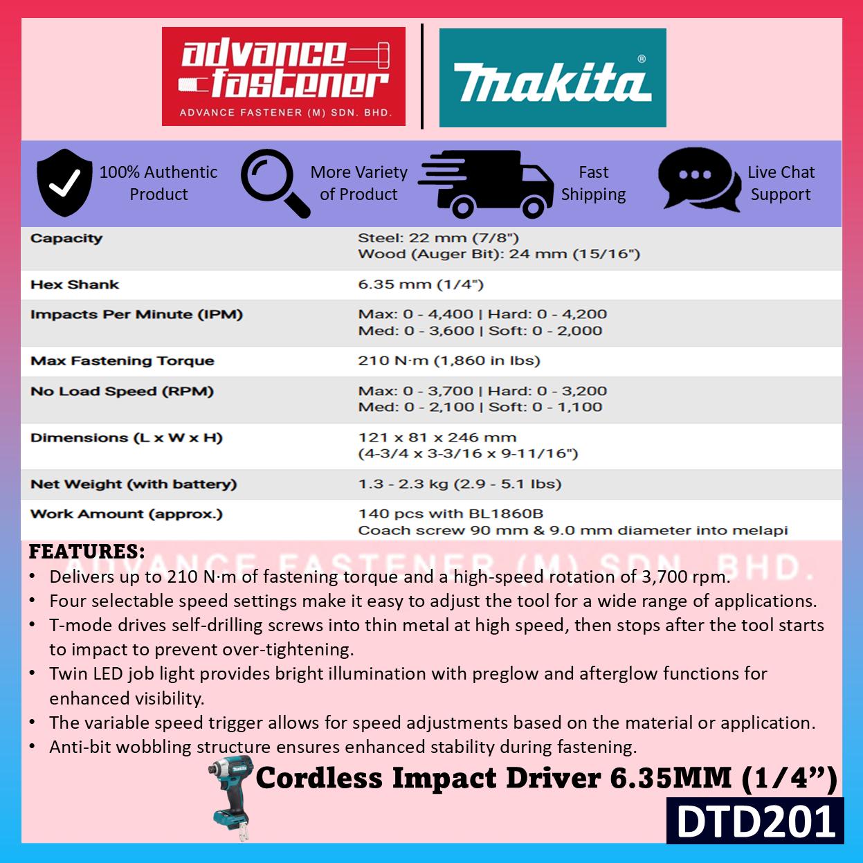 Makita DTD201RTJ / DTD201Z 18V Cordless Impact Driver 6.35 mm (1/4") (Brushless)