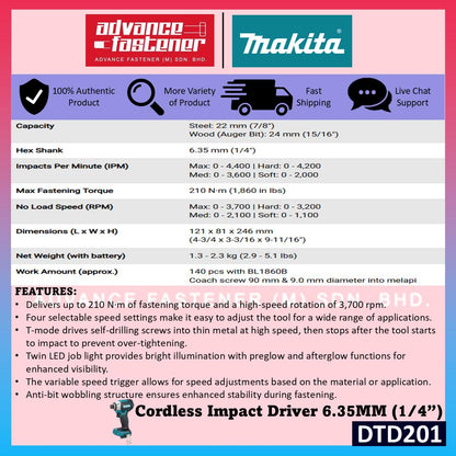 Makita DTD201RTJ / DTD201Z 18V Cordless Impact Driver 6.35 mm (1/4") (Brushless)