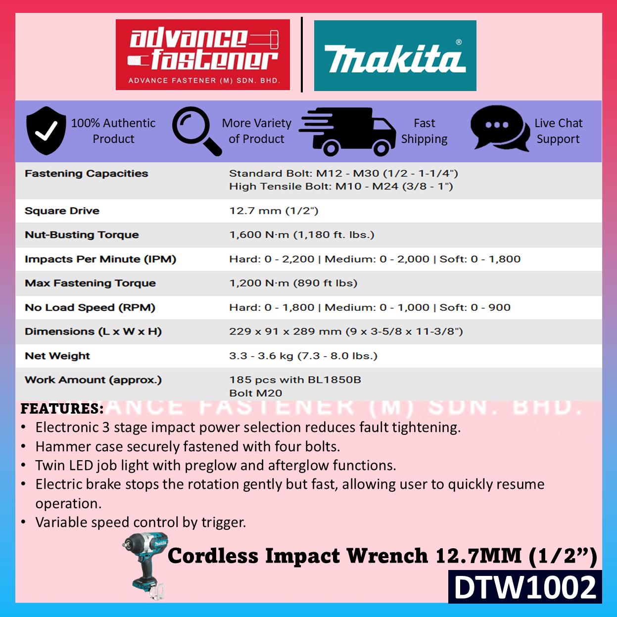 Makita DTW1002JX2 / DTW1002JX3 / DTW1002JX4 / DTW1002RFJ / DTW1002ZX2 18V Cordless Impact Wrench 12.7MM (1/2")