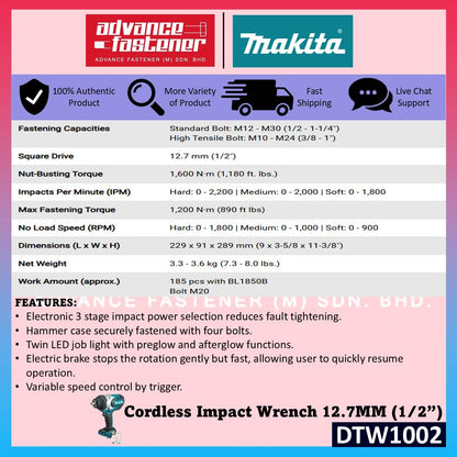 Makita DTW1002JX2 / DTW1002JX3 / DTW1002JX4 / DTW1002RFJ / DTW1002ZX2 18V Cordless Impact Wrench 12.7MM (1/2")