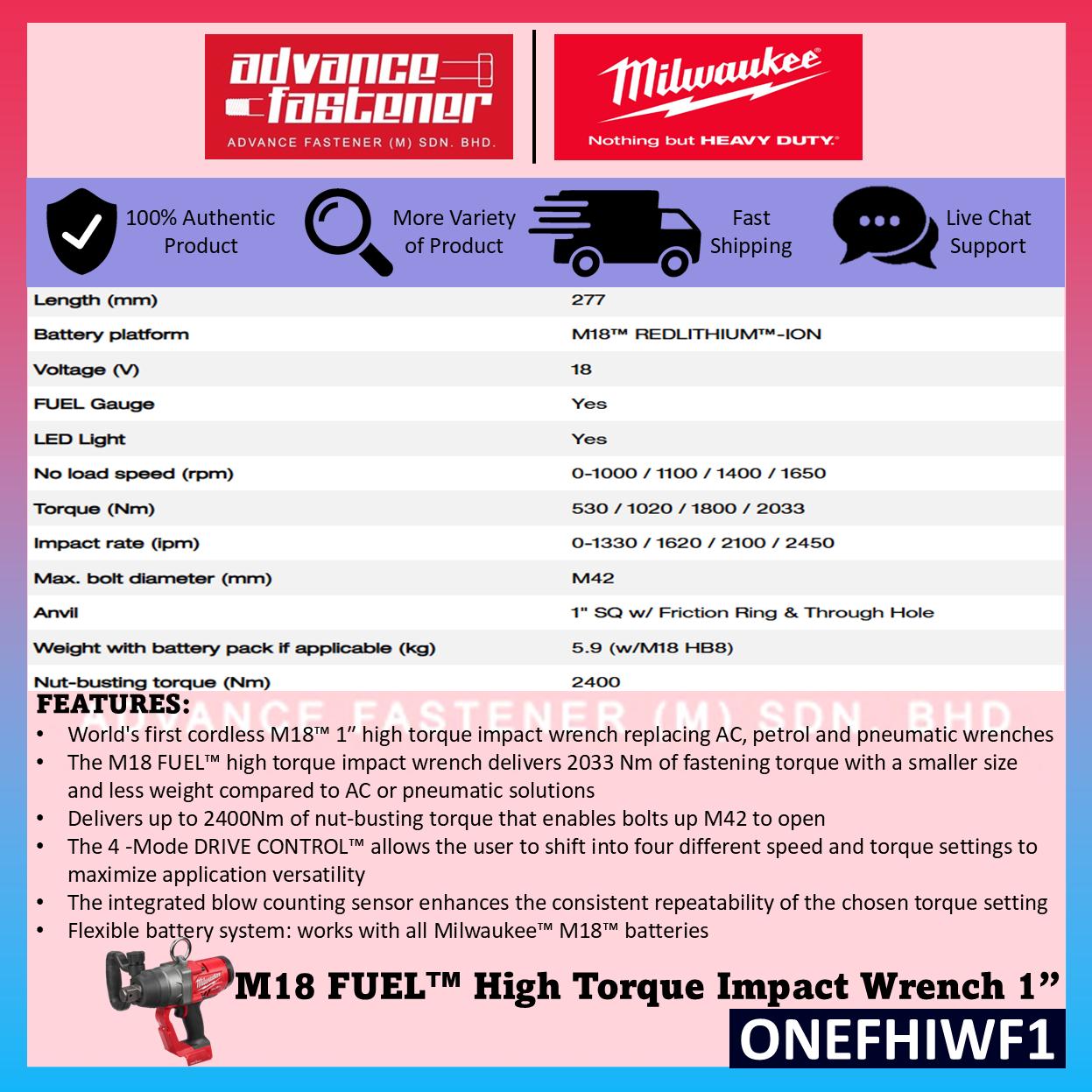 Milwaukee ONEFHIWF1-0X0 M18 FUEL High Torque Impact Wrench 1" 2400Nm ( ONE-KEY )