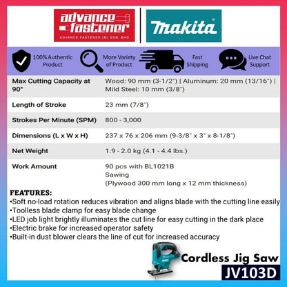MAKITA JV103DZ / JV103DWAJ / JV103DSMJ 12Vmax Cordless Jig Saw