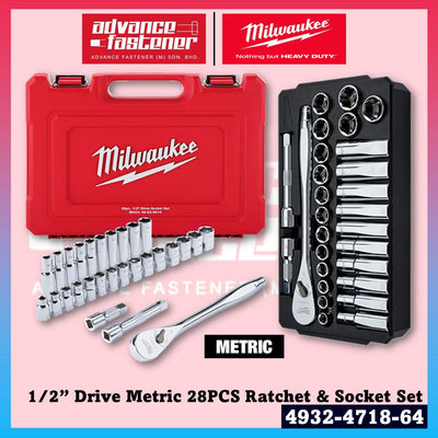 MILWAUKEE 4932-4718-64 1/2” Drive Metric 28PCS Ratchet & Socket Set