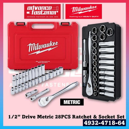 MILWAUKEE 4932-4718-64 1/2” Drive Metric 28PCS Ratchet & Socket Set