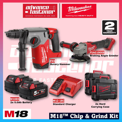 Milwaukee M18 CHIP & GRIND KIT ( FHX M18 FUEL Gen II Rotary Hammer / FID3 M18 FUEL Gen IV Impact Driver / FPD3 M18 FUEL Gen IV Driver Drill / FSAG100XB M18 FUEL Gen II Braking Grinder )