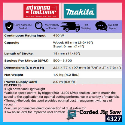 Makita 4327 Corded Jig Saw 450W (Bayonet Shank)