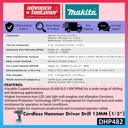 Makita 18V Cordless Combo Set ( DHP482 Cordless Hammer Driver Drill / DJV184 Cordless Jig Saw)