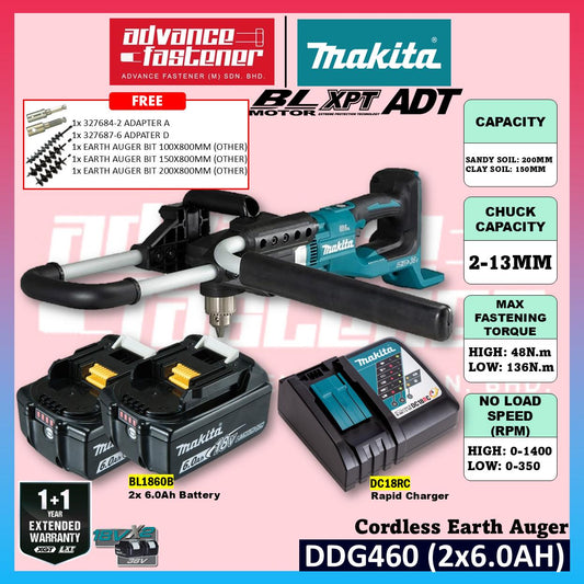 Makita DDG460 / DDG460ZX7 18Vx2 Cordless Earth Auger **FREE THREE size Earth Auger Bit