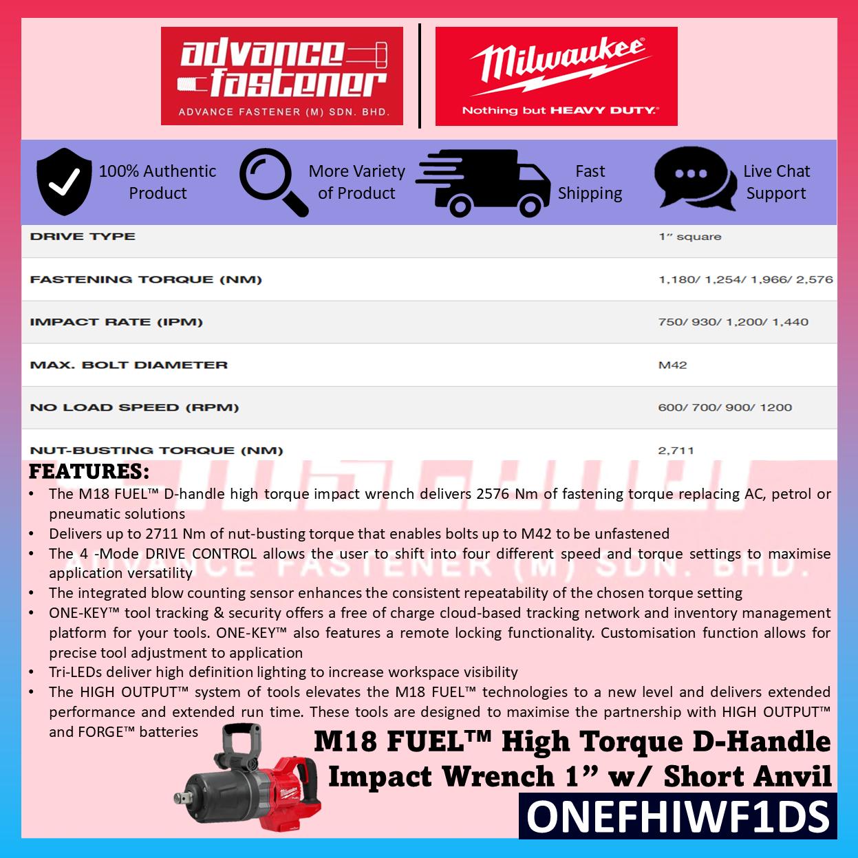 Milwaukee ONEFHIWF1DS-0C0 M18 FUEL High Torque D-Handle Impact Wrench w/ Short Anvil 1" 2711Nm