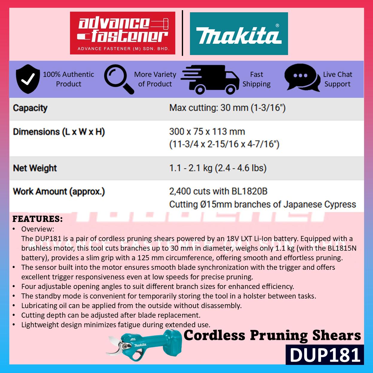 Makita DUP181 / DUP181Z 18V Cordless Pruning Shears (Brushless)