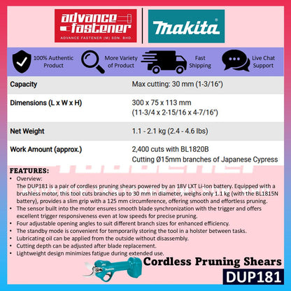 Makita DUP181 / DUP181Z 18V Cordless Pruning Shears (Brushless)
