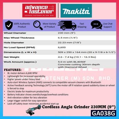 MAKITA GA038GZK 40Vmax Cordless Angle Grinder 230MM ( 9" ) ( Paddle Switch )