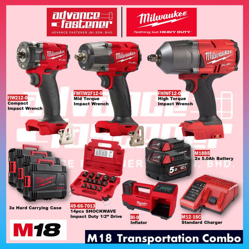 Milwaukee M18 TRANSPORTATION COMBO / M18 AUTOMOTIVE COMBO M18 Impact Wrench Combo CW M18 BI Inflator & 14PCS Socket Set