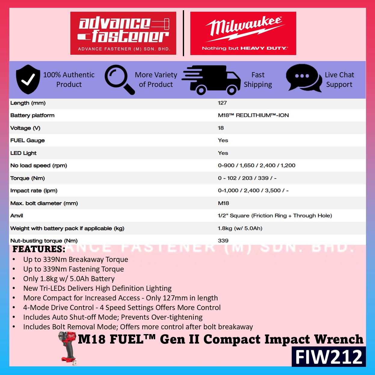 Ready Stock | Original Milwaukee M18 FUEL Impact Wrench Combo Set ( FMTIW2F12 Mid Torque Impact Wrench + FIW212 Compact Impact Wrench )  | 2 Year Warranty | Fast Shipping