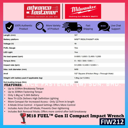 Ready Stock | Original Milwaukee M18 FUEL Impact Wrench Combo Set ( FMTIW2F12 Mid Torque Impact Wrench + FIW212 Compact Impact Wrench )  | 2 Year Warranty | Fast Shipping