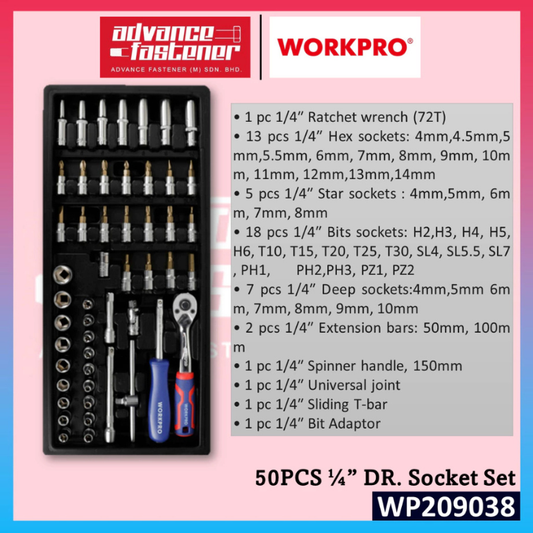 WORKPRO WP209038 50PCS ¼” DR. Socket Set