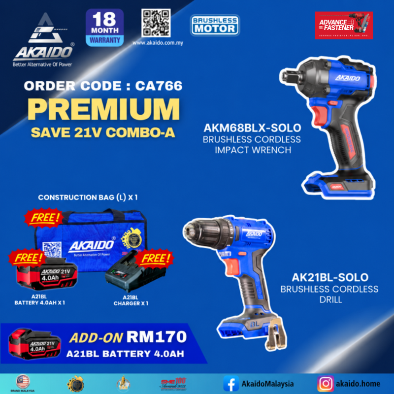 AKAIDO CA766 Premium Save 21V Combo Set AKM68BLX Impact Wrench + AK21BL-10MM Cordless Drill