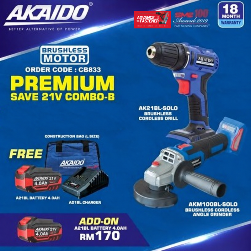 AKAIDO CB833 Premium Save 21V Brushless Cordless Combo Set AK21BL-10MM Drill + AKM100BLX 100MM Angle Grinder