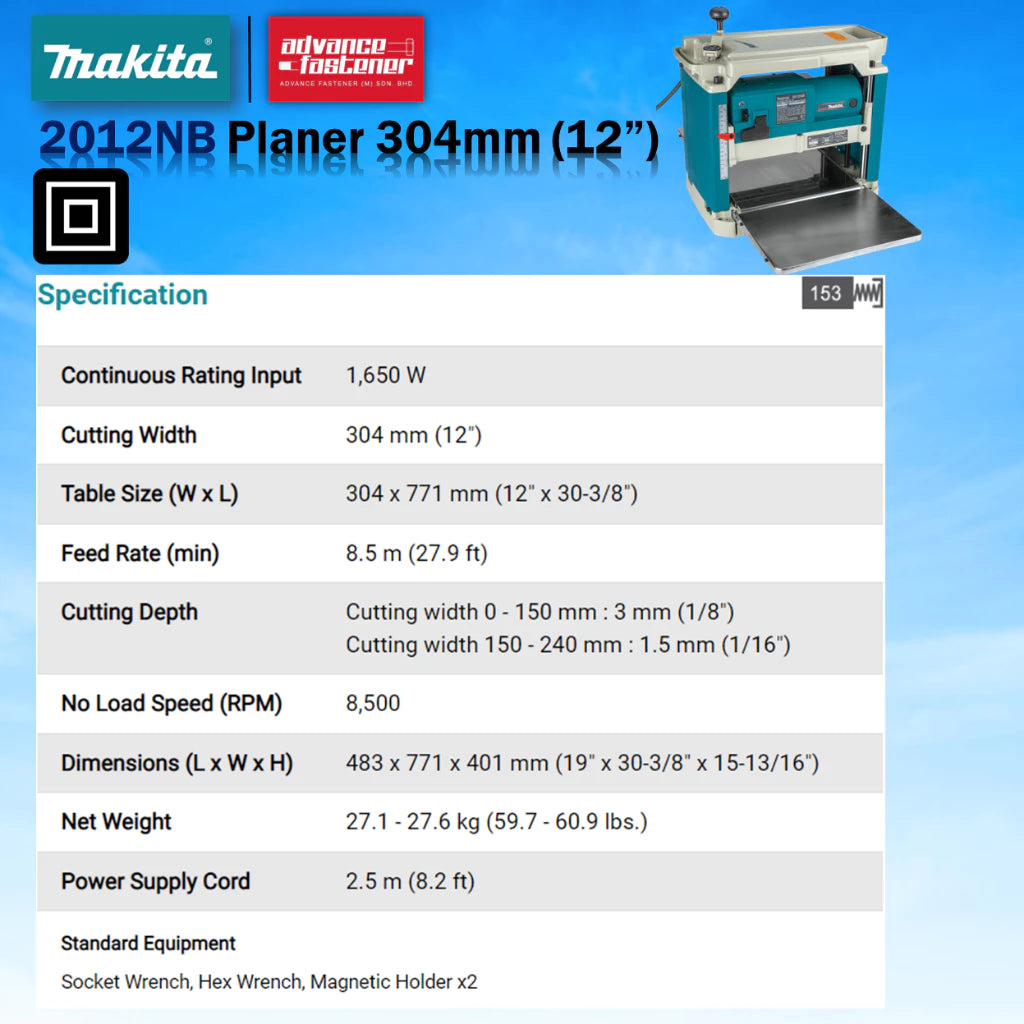 MAKITA 2012NB Table Wood Planer 304MM (12”) *ADD-ON Planer Blade & Dustor