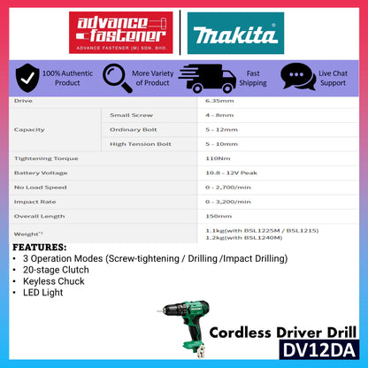 HIKOKI DV12DA Cordless Driver Drill / WH12DA Cordless Impact Driver