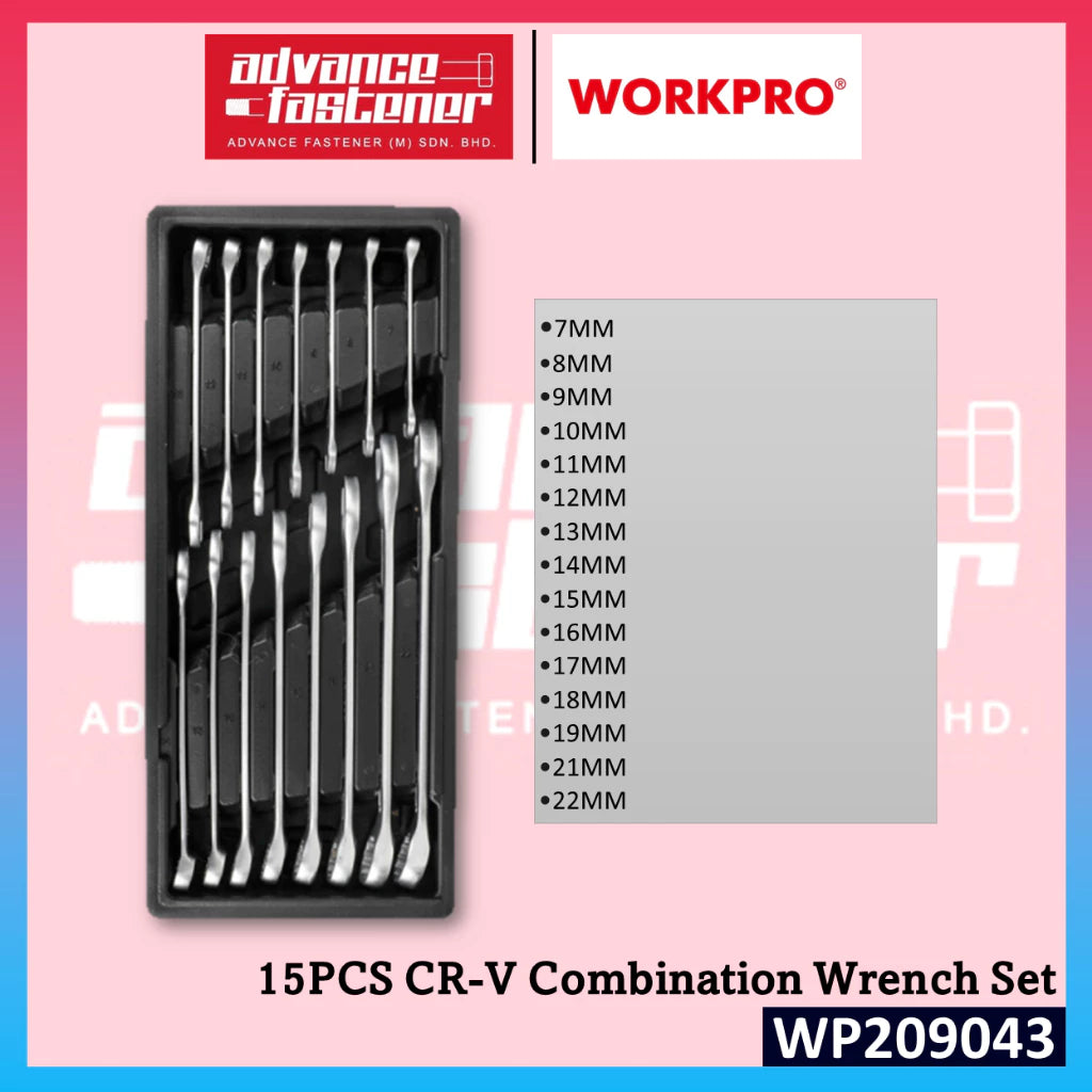 WORKPRO WP209043 15PCS CR-V Combination Wrench Set