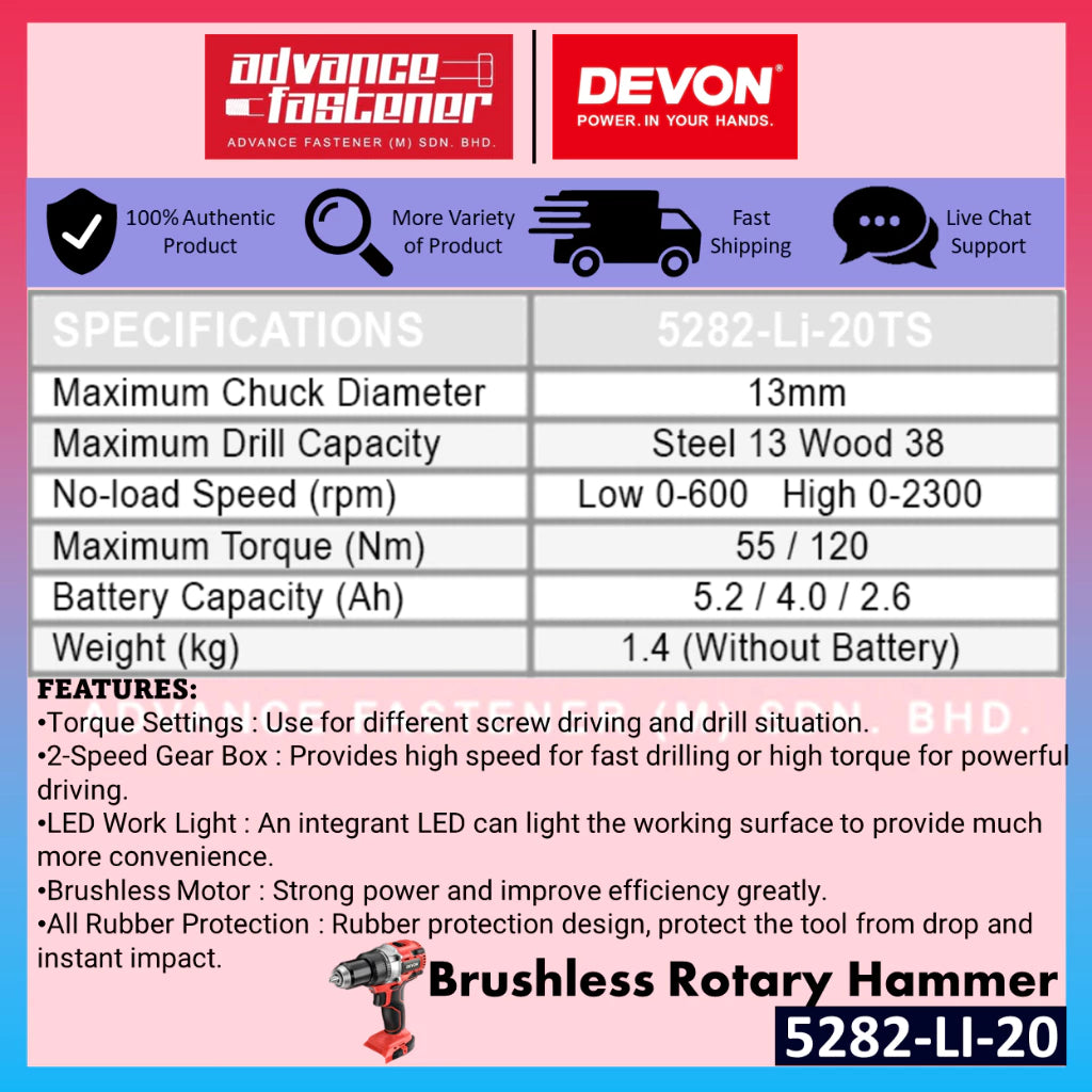 DEVON 5282-LI-20TS / 5282-LI-20Z 20V Brushless Cordless Driver Drill 13MM (1/2")