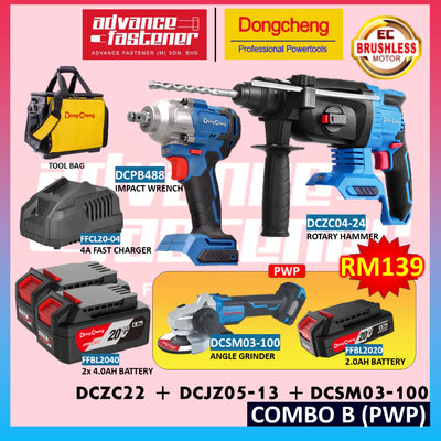 DONG CHENG 20V Cordless Combo XB ( DCPB488 Impact Wrench + DCZC04-24 Rotary Hammer + DCSM03-100 Angle Grinder )