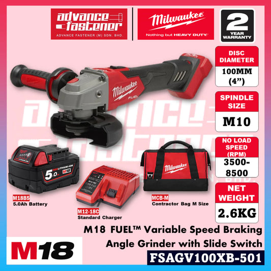 Milwaukee FSAGV100XB-501 / FSAGV100XB-0X0 M18 FUEL™ Variable Speed Braking Angle Grinder with Slide Switch 100MM (4")