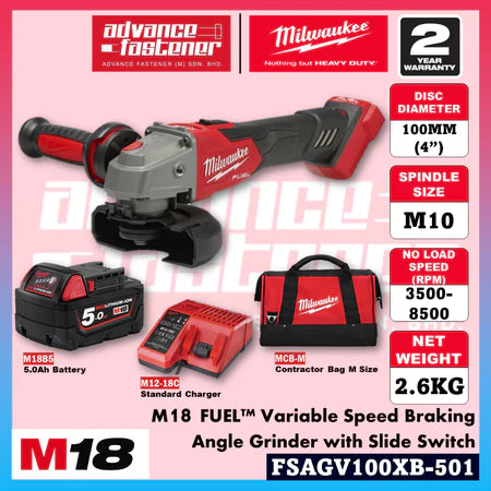 Milwaukee FSAGV100XB-501 / FSAGV100XB-0X0 M18 FUEL™ Variable Speed Braking Angle Grinder with Slide Switch 100MM (4