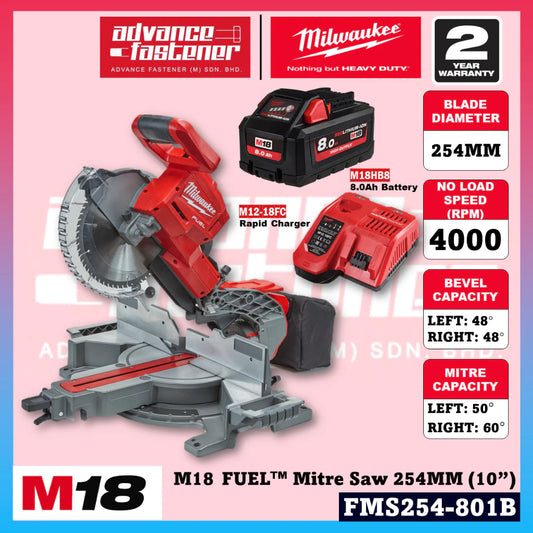 Milwaukee FMS254-0 / FMS254-801B M18 FUEL™ Mitre Saw 254MM (10”)