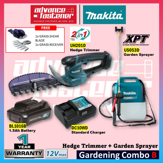 Makita 12Vmax Cordless Gardening Combo B ( UH201D Cordless Hedge Trimmer + US053D Cordless Garden Sprayer )