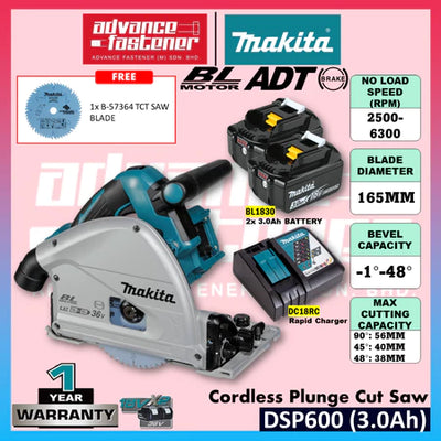 MAKITA DSP600 / DSP600Z 18Vx2 Cordless Plunge Cut Saw 165MM (6-1/2")