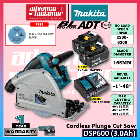 MAKITA DSP600 / DSP600Z 18Vx2 Cordless Plunge Cut Saw 165MM (6-1/2")