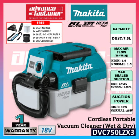 MAKITA DVC750LZ / DVC750LZX1 /DVC750LZX3 18V Cordless Portable Vacuum Cleaner (Wet & Dry)