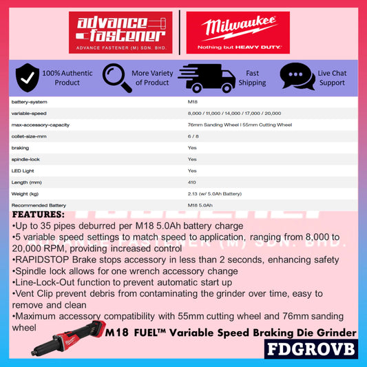 MILWAUKEE FDGROVB-301 / FDGROVB-0 M18 FUEL™ Variable Speed Braking Die Grinder