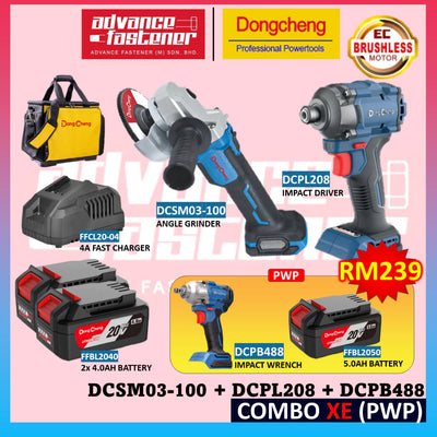 DONG CHENG 20V Cordless Combo XE ( DCPL208 Impact Driver + DCSM03-100 Angle Grinder + DCPB488 Impact Wrench )