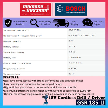 BOSCH GSR 185-LI 18V Cordless Drill / Driver